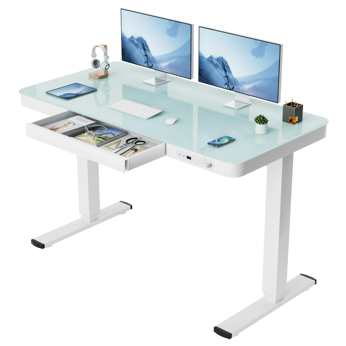 Furmax Glass Standing Desk with Drawer 48 x 24 Inch Adjustable Height Stand up Desk One-Piece Board Pre-Assembled Home Office Computer Desk with USB Ports, Glass Top Furmax