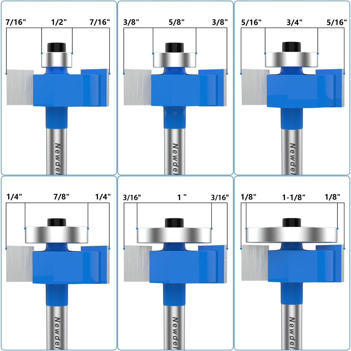Newdeli Rabbet Router Bit Set 1/4 Inch Shank - 4Pcs Rabbeting Router Bits(1/8",1/4",3/8", 1/2" Height) with 6 Bearings Set (1/2", 5/8", 3/4", 7/8", 1", 1-1/8" Bearings) - Wood Biscuit Slot Cutters Newdeli