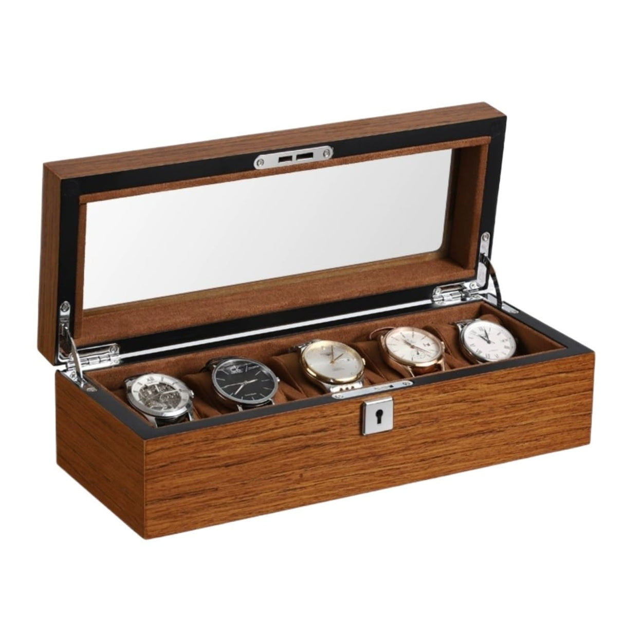 MCGDOO Wood Watch Box with Glass Top and Key Watch Display Case Watch Organizer Watch Cases Watch Storage for Men Women(5 Slots) MCGDOO