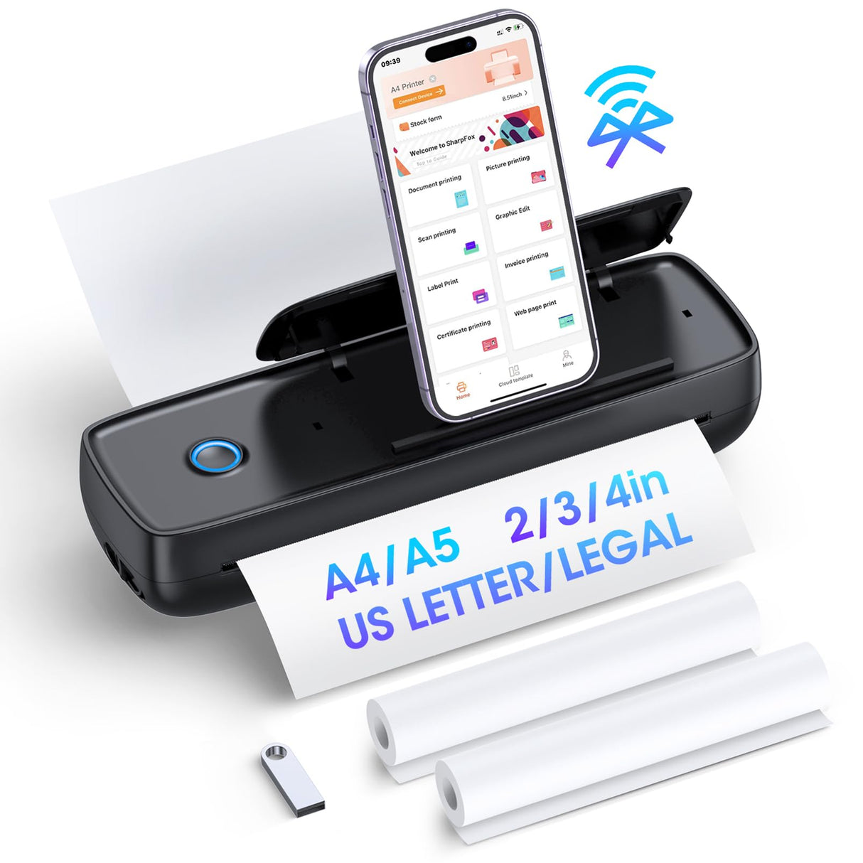 Portable-Printer with phone holder, Thermal-Wireless-Bluetooth-Mini Inkless-Printer for Travel Support 8.5" X 11" US Letter&Legal A4&A5 Thermal Paper, Compatible with Android and iOS Phone&Laptop GUTHERREN