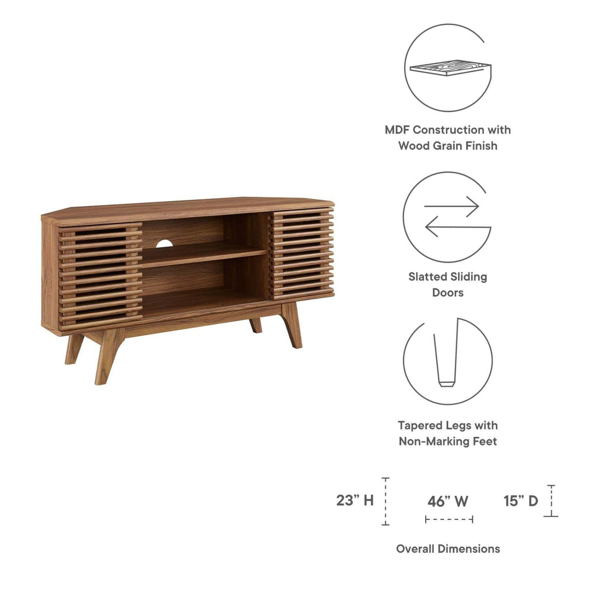 Modway Render Mid-Century Modern Low Profile Corner Media TV Stand in Wal, 15 x 46 x 23 Modway