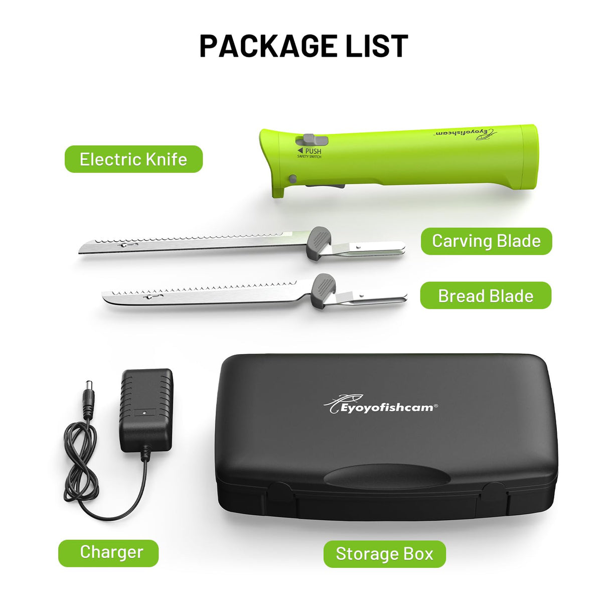 Eyoyofishcam Cordless Electric Knife, Rechargeable Battery Powered Knife w/ 2 Reciprocating Serrated Stainless Steel Blades, for Carving Meat Turkey Fish Fillet Bread Slicing Cutting Eyoyofishcam