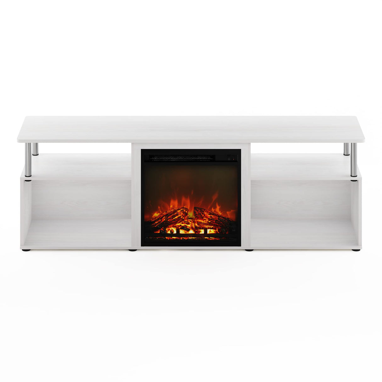 Furinno Jensen Open Storage Fireplace Entertainment Center for TV up to 70 Inch with Stainless Steel Tubes, White Oak/Chrome Furinno