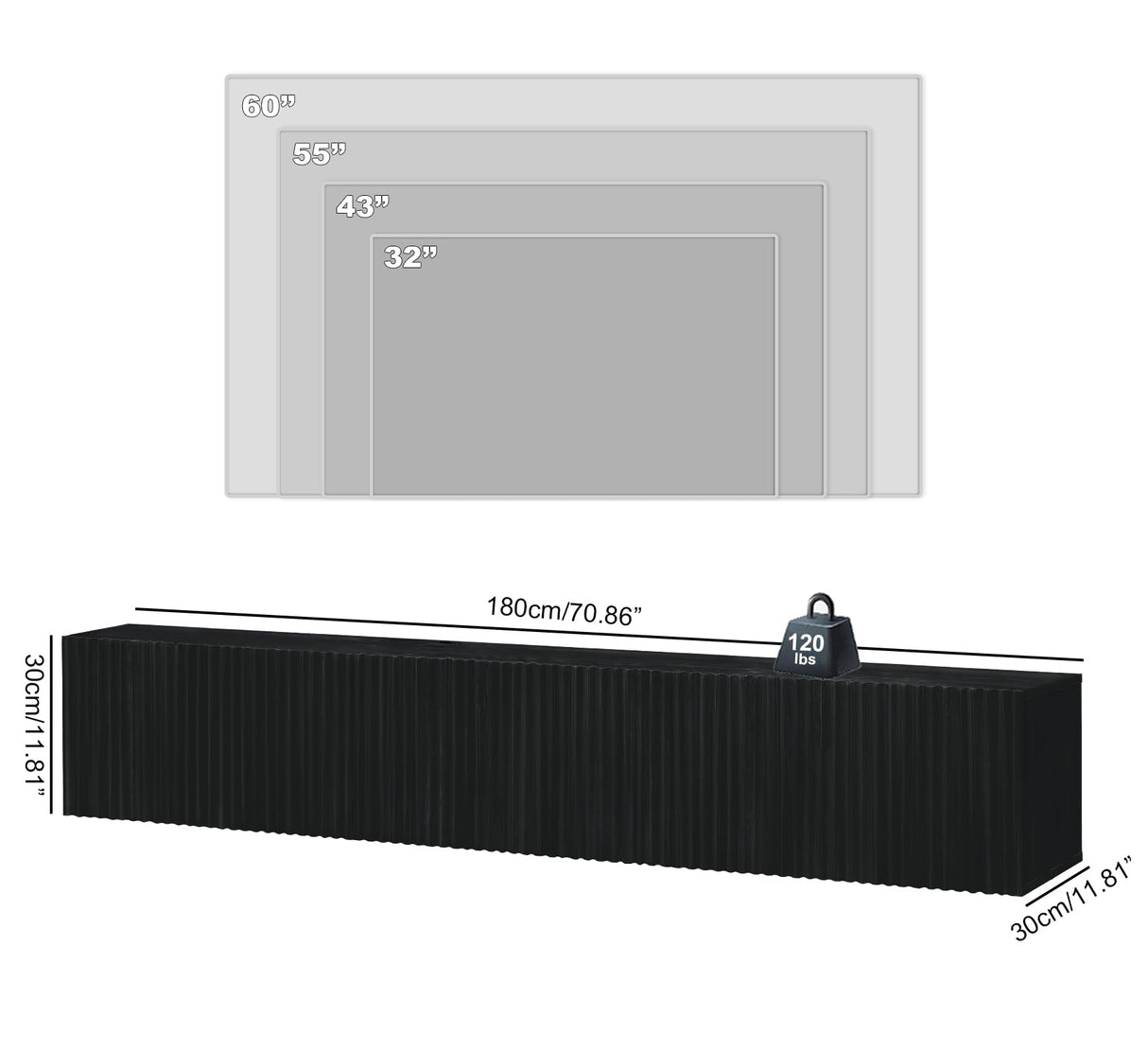 ZYBT Floating TV Stand, Modern Wall Mount Entertainment Center TV Shelf, 70.7" Media Console Under TV Storage Cabinet with Fluted Doors, TV Consoles for Living Room, Floating Cabinet for Wall (Black) ZYBT