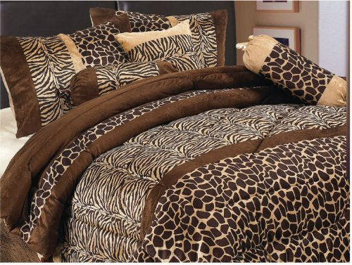 Grand Linen 7 Piece Brown King Size Safari Bed in A Bag Animal Print Zebra, Giraffe Comforter Set Microfur Bedding. Perfect for Any Bed Room or Guest Room Grand Linen