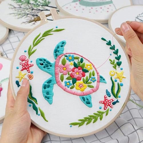 Louise Maelys Sea Turtles Embroidery Kits for Beginners, DIY Cross Stitch Starter Craft Kit for Adults Including Cloth with Pattern, Hoop, Needles Instruction and Threads