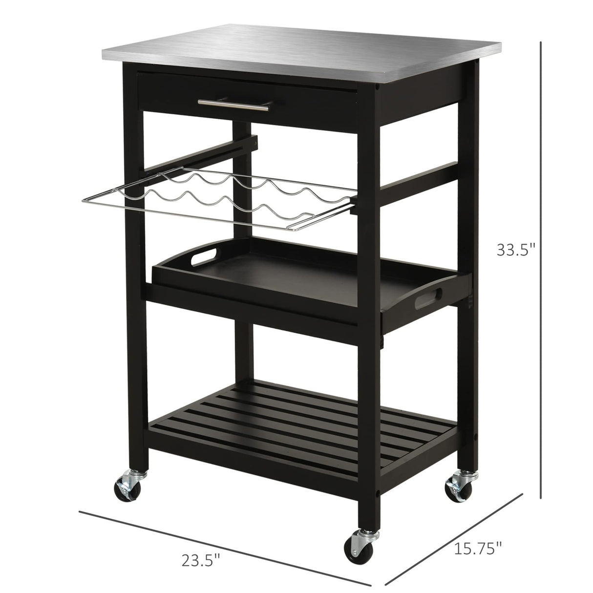 HOMCOM Kitchen Island Cart Rolling Trolley Utility Serving Cart with Stainless Steel Tabletop, Wine Rack & Drawer HOMCOM