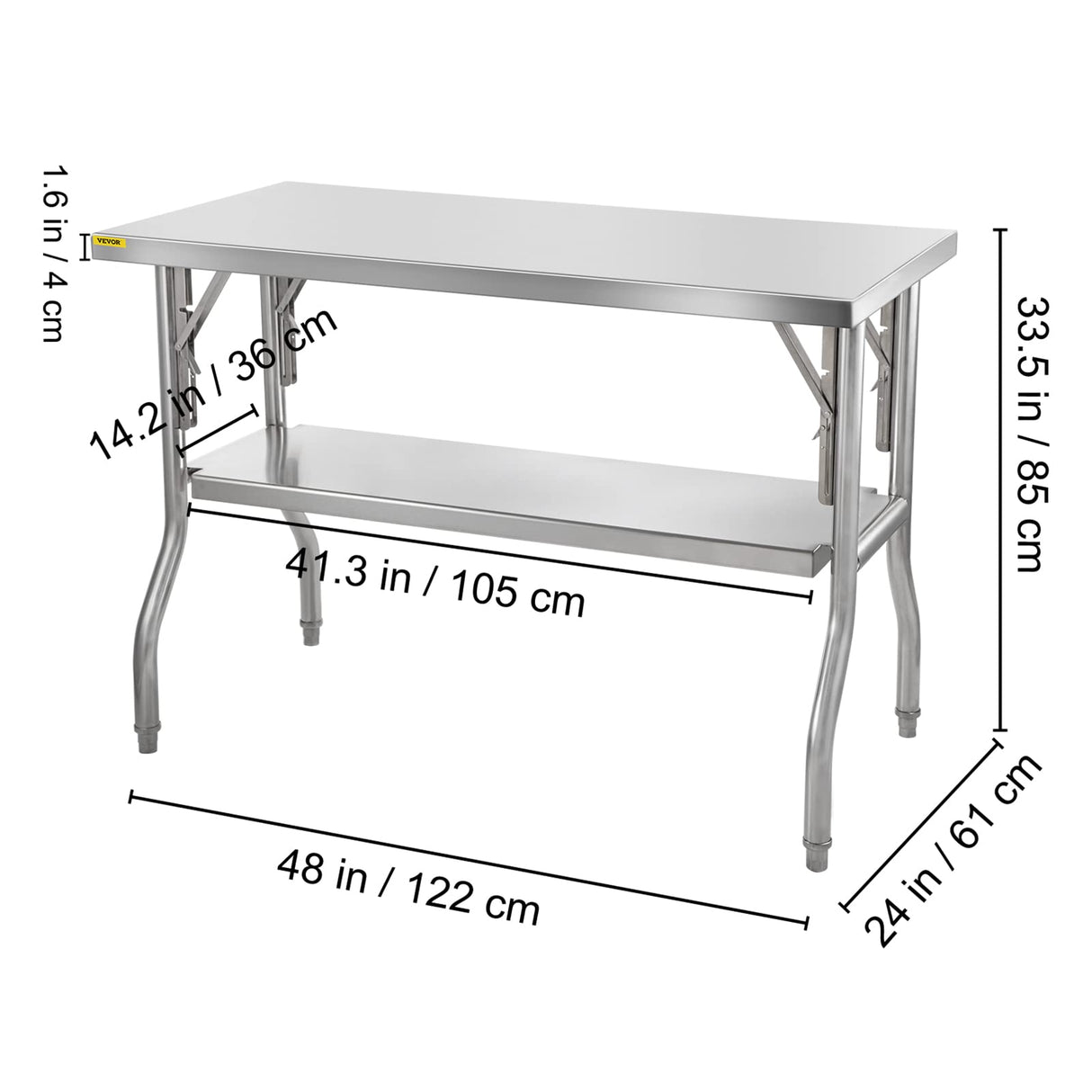 VEVOR Commercial Worktable Workstation 48 x 24 Inch Folding Commercial Prep Table, Heavy-duty Stainless Steel Folding Table with 772 lbs Load, Kitchen Work Table, Silver Stainless Steel Kitchen Island VEVOR
