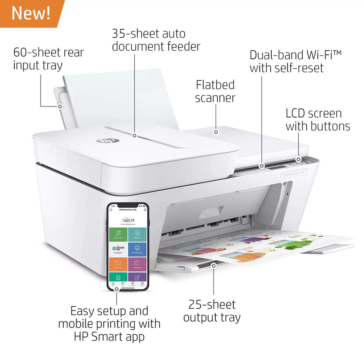 HP DeskJet Plus 4158 All-in-One Inkjet Printer, Scanner, Copy, Mobile Print, Instant Ink Ready, Wireless Printers for Home and Office, Dual-band Wi-Fi, 7FS76A (Renewed) HP