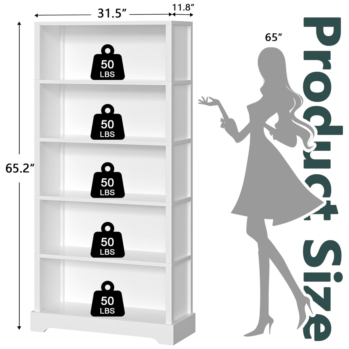 TVU 5-Tier Wooden Book shelf, 65"H × 31.5"W × 9.9“D Bookshelf with Storage, Floor-Standing Display Bookcase, Farmhouse Style Bookshelf with Arched Base, Suitable for Living Room, Study, Office, White TVU