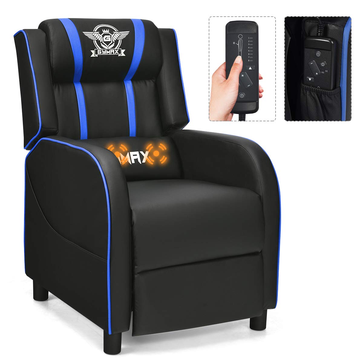 GYMAX Gaming Recliner, Massage Gaming Chair w/Adjustable Footrest, Remote Control & Side Pocket, Ergonomic Game Lounge Chair, Racing Style Single Theater Seat Game Sofa for Adults (Blue) GYMAX