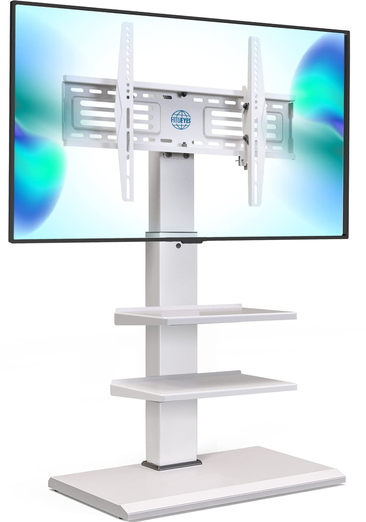 FITUEYES Iron Base Universal Floor TV Stand with Swivel Tilt, TV Mount Stand for 32-75 Inch Screens, Corner TV Stand with Height Adjustable Entertainment Shelves (White) FITUEYES