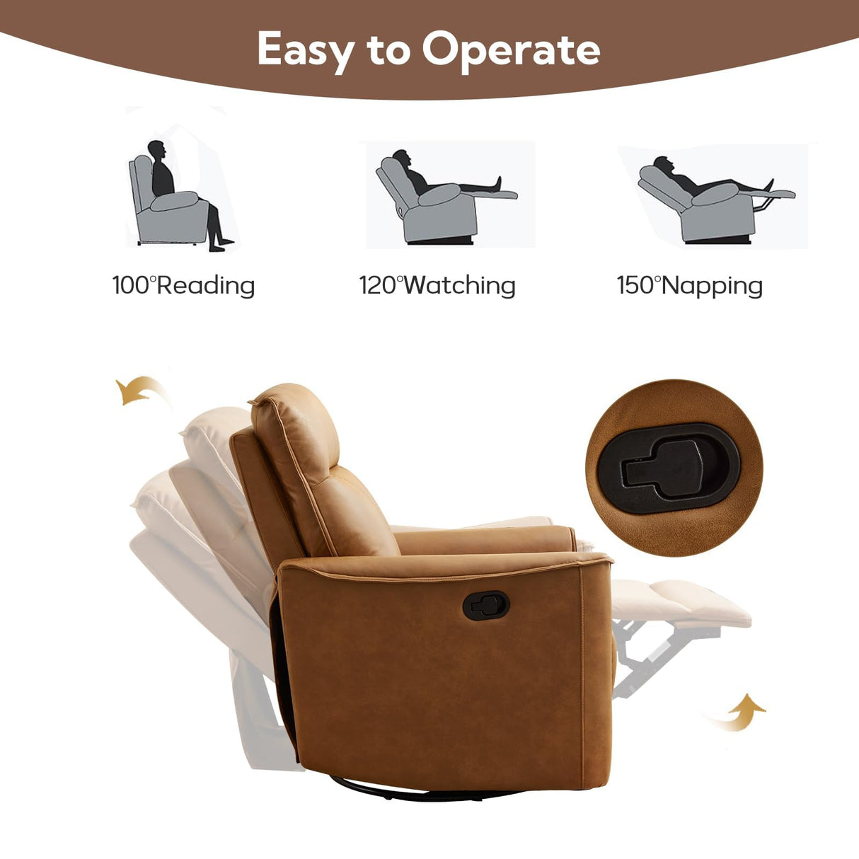 ANJ Manual Swivel Rocker Recliner, Glider Recliners with Padded Armrest and Backrest, Soft Leather Nursery Rocking Recliner Chair Reclining Sofa for Living Room ANJ