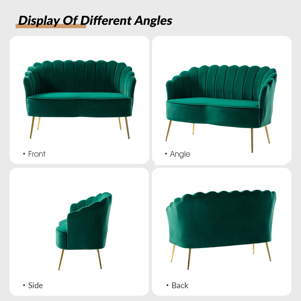 HULALA HOME Velvet Loveseat Sofa with Flower Shaped Back, Modern 2-Seater Sofa for Living Room Bedroom, Comfy Upholstered Small Love Seat Couch with Gold Legs, Green HULALA HOME