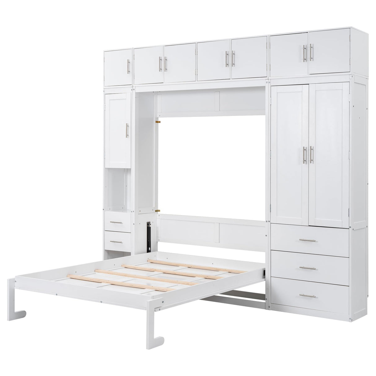 FAVSH Full Size Murphy Bed with Lockers & Wardrobes, Solid Wood Wall Bed with Drawers, Space-Saving Hidden Bed, Fold-The-Way Bed Included Installation Video,White FAVSH