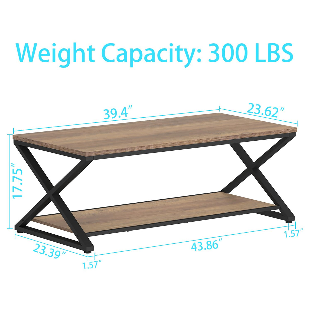 HSH Rustic Farmhouse Coffee Table, Modern Minimalist Wood and Metal Living Room Table, 2 Tie Rectangle Center Table with Storage & Display Shelf, Simple Office Cocktail Tea Table, Rustic Oak, 39 Inch HSH