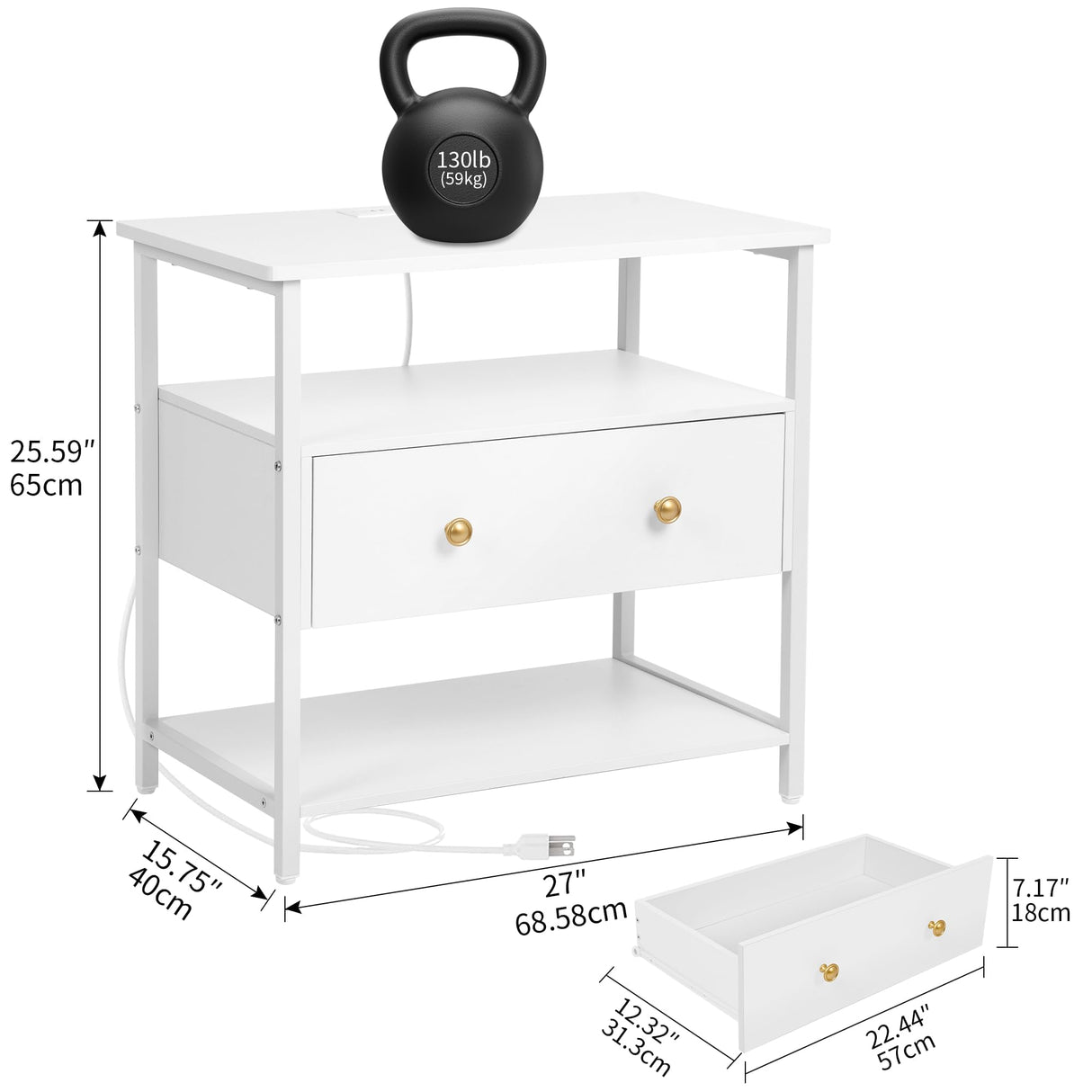 Edbuosy 27 inch Wide Nightstand Set of 2 with LED,Side Table with One Wooden Drawer,Nightstand with Charging Station,End Table Bedside Table with USB Ports and Outlets,White with LED Edbuosy