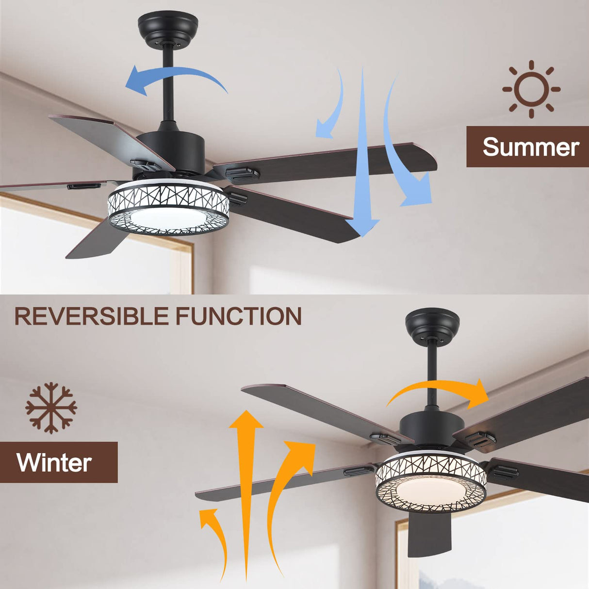TRSIOPFC 52" Outdoor Ceiling Fan with Lights Remote Control,Dimmable Black Wooden Ceiling Fan with Reversible Quiet Motor 5 Blades 6 Speed For Patio Living Room, Bedroom, Office,Indoor Outdoor TRSIOPFC