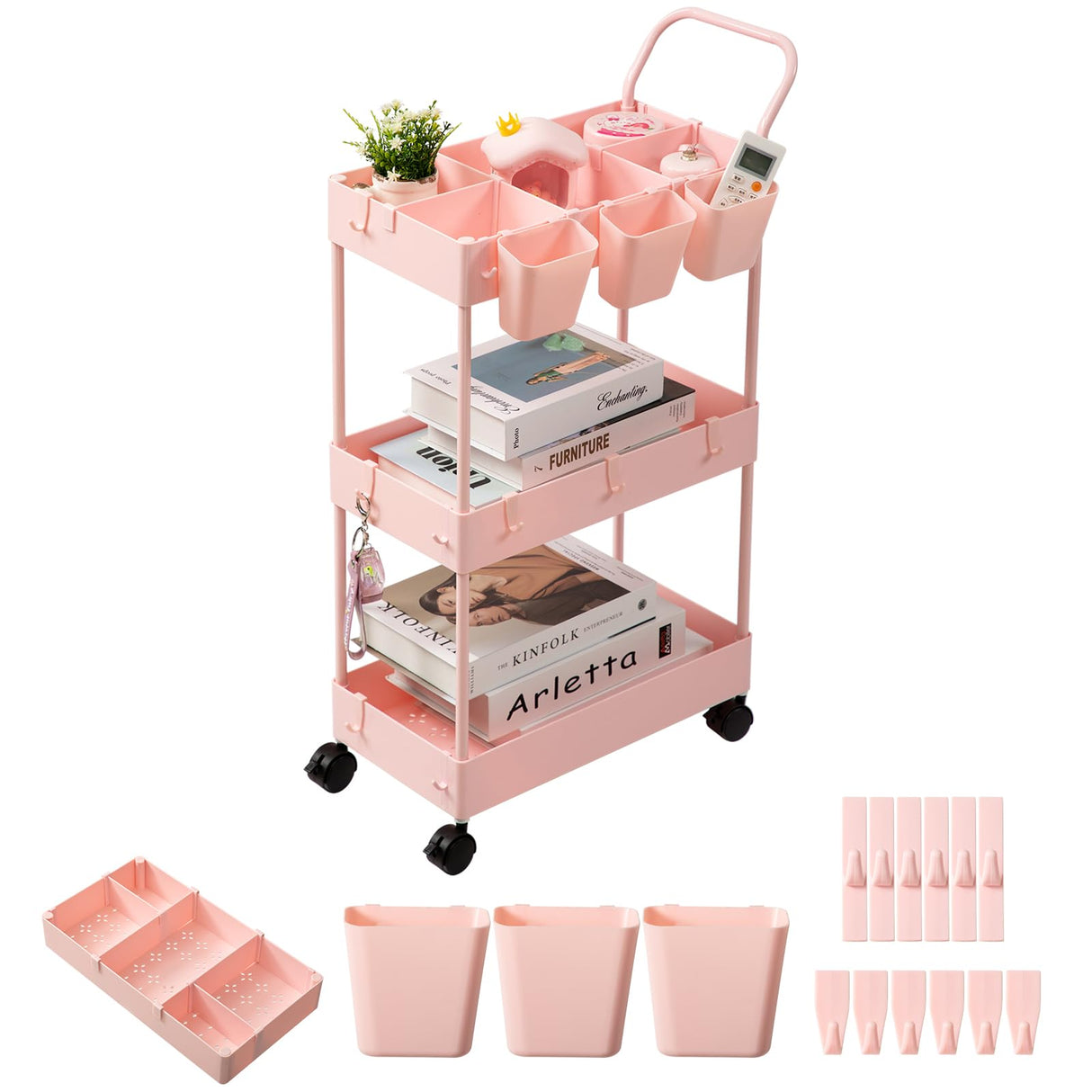 danpinera Slim Storage Cart, 3 Tier Narrow Rolling Cart on Wheels Bathroom Organizer Cart with Dividers Handle Hanging Cups Hooks for Laundry Room Kitchen Small Spaces, Pink danpinera