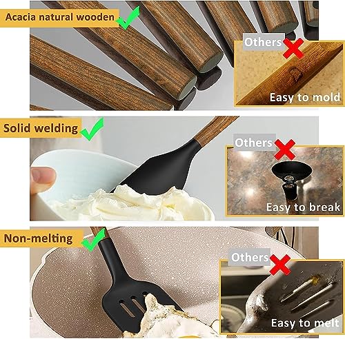 Silicone Cooking Utensil Set, Umite Chef 8-Piece Kitchen Set with Natural Acacia Wooden Handles,Food-Grade Silicone Heads-Silicone Kitchen Gadgets Spatulas Set for Nonstick Cookware- Black Umite Chef