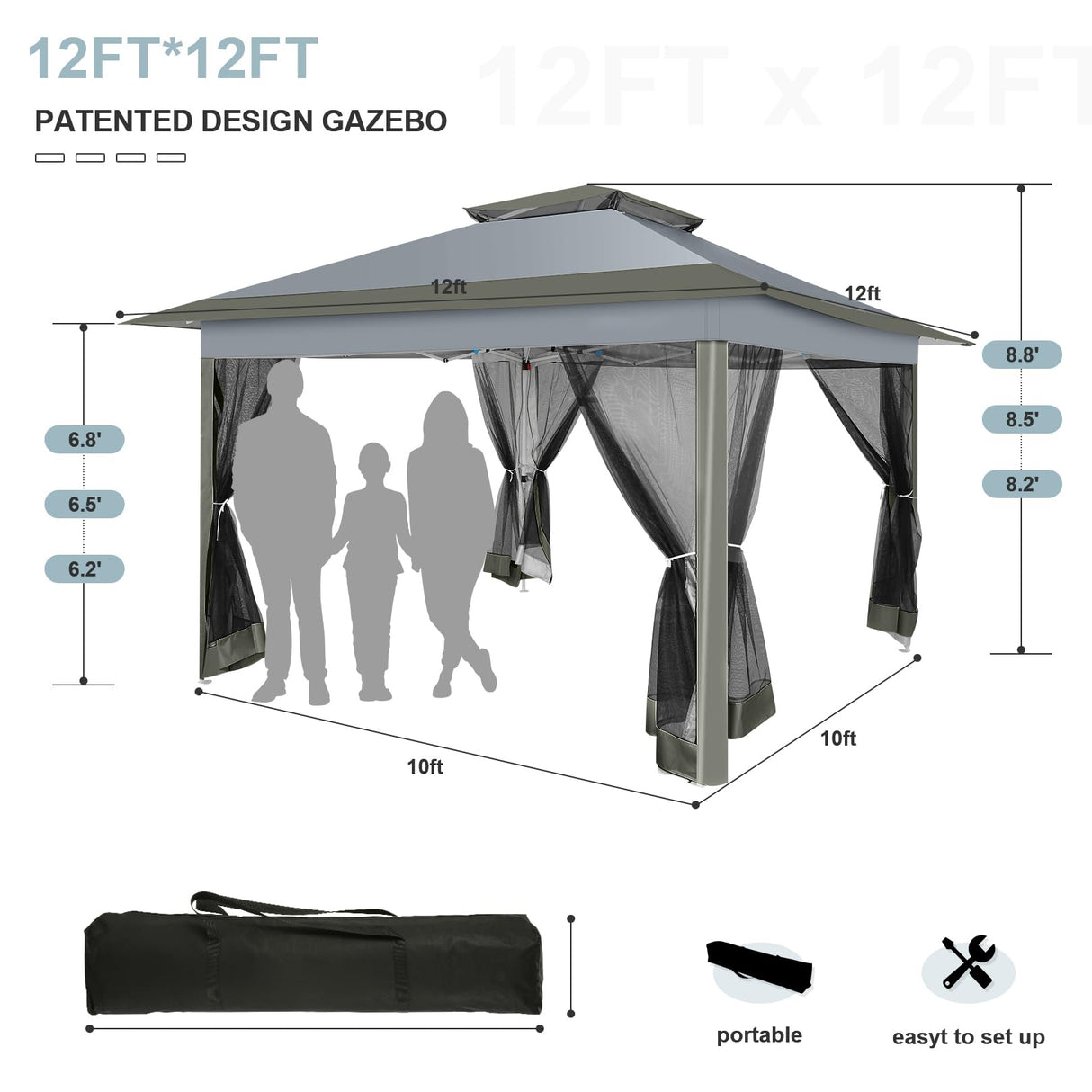 COBIZI 12x12 Pop up Gazebo on Clearance with Mosquito Netting & Sandbags, Outdoor Canopy Tent with 4 Ropes 8 Stakes & Portable Carrying Bag, Patio Portable Gazebo for Garden Backyard & Lawn,Darkgrey COBIZI