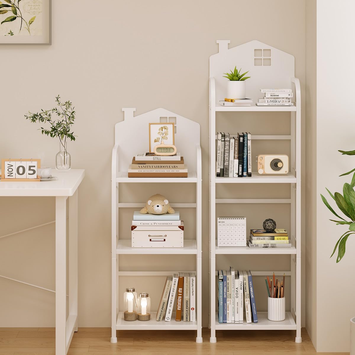 CICUFY Kids Book Shelf, 4-Tier Small Bookcase White Metal Bookshelf Modern Narrow Ladder Shelf Standing Display Shelves Storage Shelving Unit for Bedroom,Office,Living Room,Bathroom CICUFY