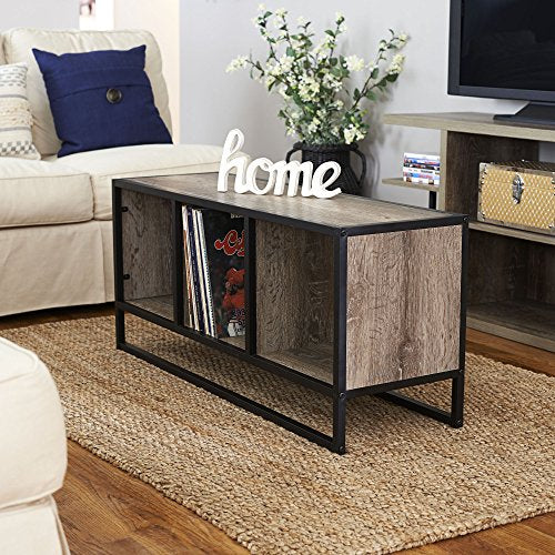 Household Essentials Jamestown TV Stand Coffee Table with Square Cube Storage Compartments Ashwood Rustic Wood Grain and Black Metal Household Essentials