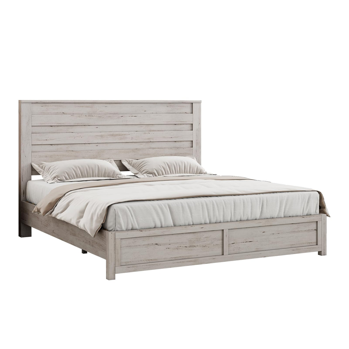 LUXOAK Farmhouse Full Bed Frame with 49" Tall Headboard, Wooden Platform Bed with Hidden Metal Bed Frame, No Box Spring Needed/Noise Free, Distressed White LUXOAK