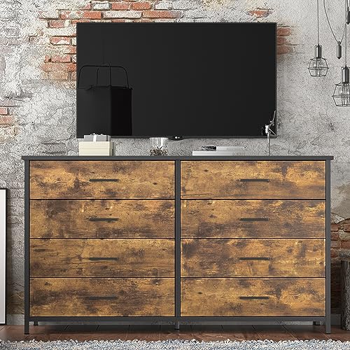 IKENO 8 Drawer Dresser, Industrial Wood Storage Dressers & Chests of Drawers with Sturdy Steel Frame, Storage Dresser for Bedroom Wood (Rustic Brown) IKENO
