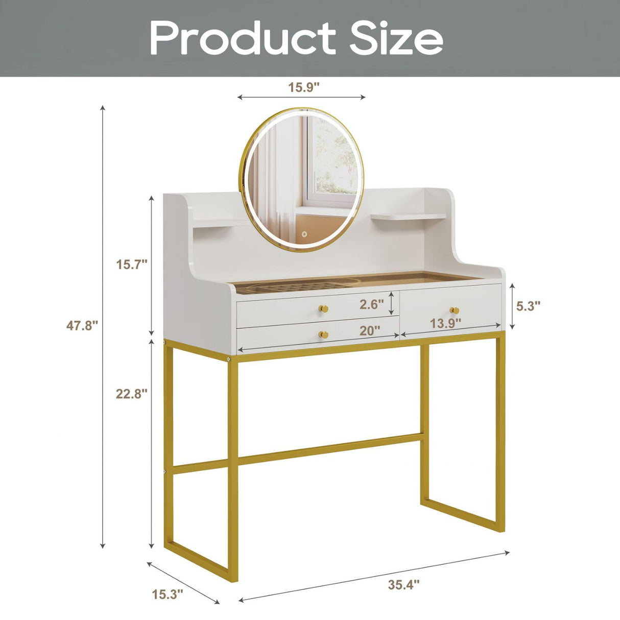 DELUXE LIVING Makeup Vanity Desk with Mirror and Lights, Glass Top Vanity Desk with 3 Drawers & 2 Storage Shelves, Bedroom Dressing Table with Power Outlet, 3 Lighting Mode, White DELUXE LIVING