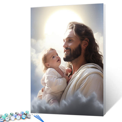 Jesus Holding a Baby on a Cloud Paint by Numbers Kits for Adults Clown DIY Canvas Oil Painting Acrylic Pigment Kits Christ Style Paint by Number Home Wall Art Decor Gift Artwork 16x20In (DIY Frame)