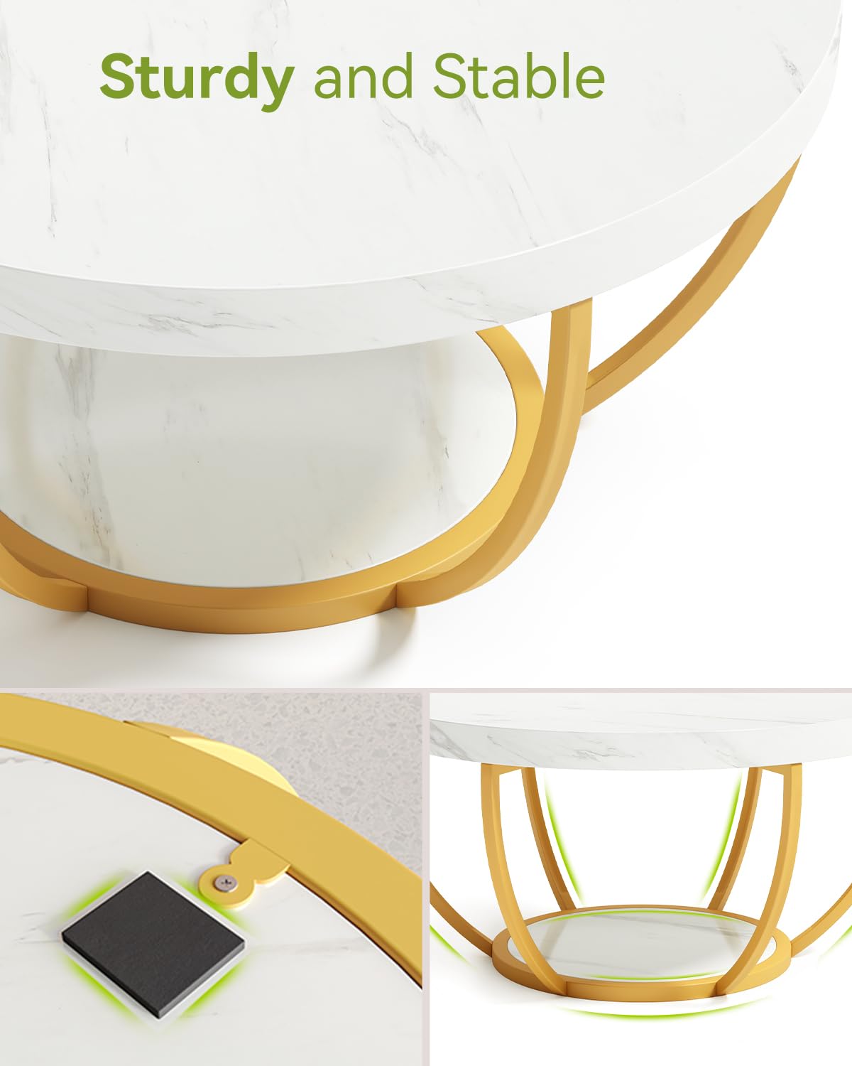 LITTLE TREE Round Coffee Table, 32" Circle Faux Marble Coffee Tables for Living Room, 2-Tier Golden Metal Legs Accent Center Table with Open Storage Modern Design Home Furniture (White and Gold) LITTLE TREE