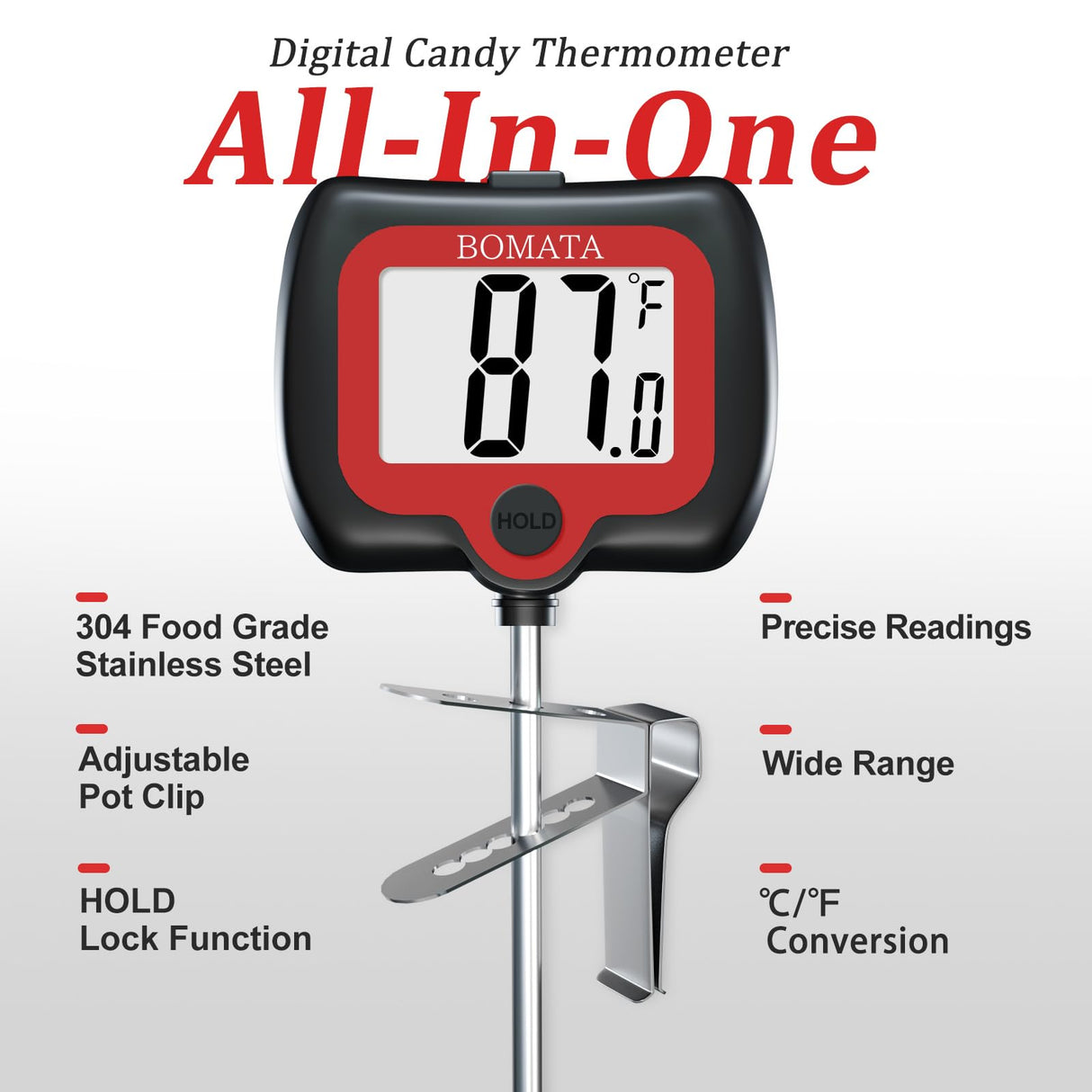 BOMATA Candy Thermometer with Pot Clip, Instant Read Cooking Thermometer with 8" Long Probe, Rotating Display, for Candy Making, Food, Candle Making, Liquids, Water, Baking, Sugar, Grilling. Black BOMATA