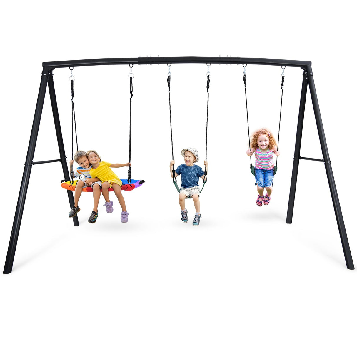 Hapfan 500lb Heavy Duty Metal Swing Sets for Backyard with Saucer Swing, Kids Triple Outdoor Swingset, Easy to Assemble Hapfan