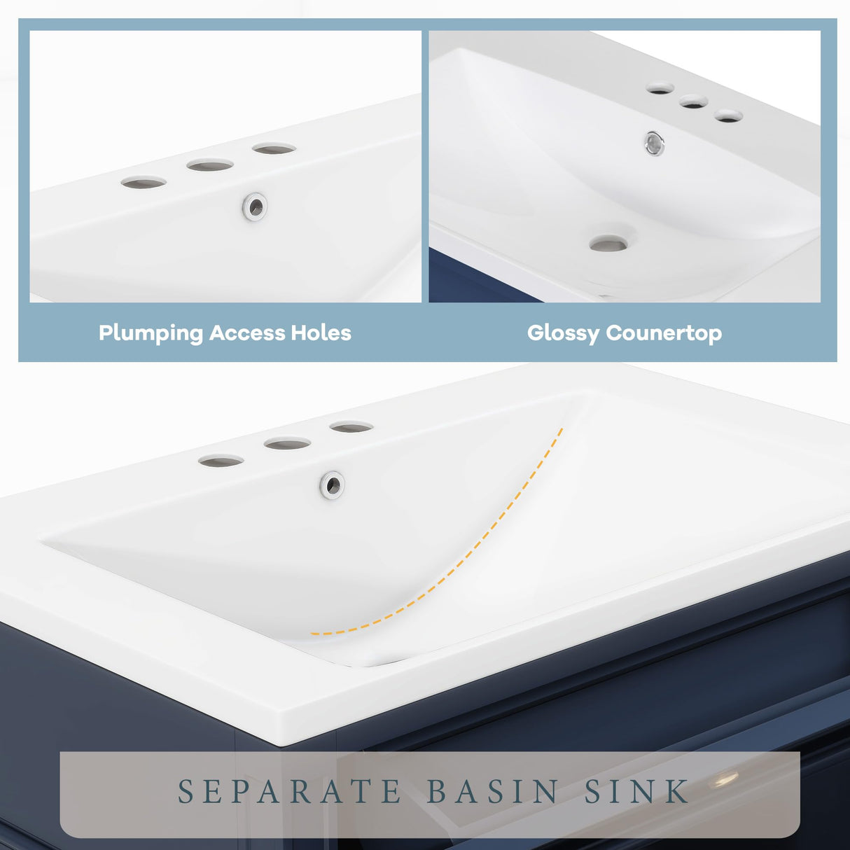 Jeffski 30" Floor Bathroom Vanity with Top Sink, Modern Bathroom Cabinet Vanities with 2 Drawers, Adjustable Shelf and A Tip-Out Drawer, Single Sink Combo Set Bathroom Vanity, Navy Blue Jeffski