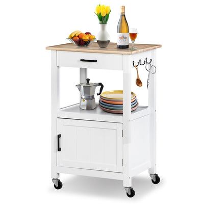 HomGarden Kitchen Island on Swivel Wheels with Drawer, Rolling Kitchen Cart Storage Cabinet with 3 Side Hooks for Dining Room, White