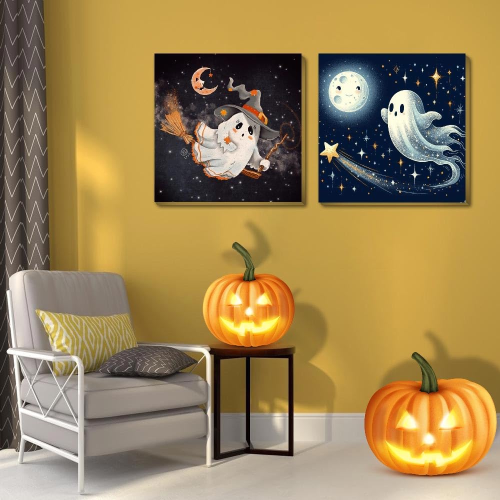 stnckic 2 Pcs Halloween Paint by Numbers Kits for Kids Framed,Ghosts Adults' Paint-by-Number Kits on Canvas Easy Acrylic Oil Painting by Number for Adults Halloween for Home Decor 8x8 inchs stnckic