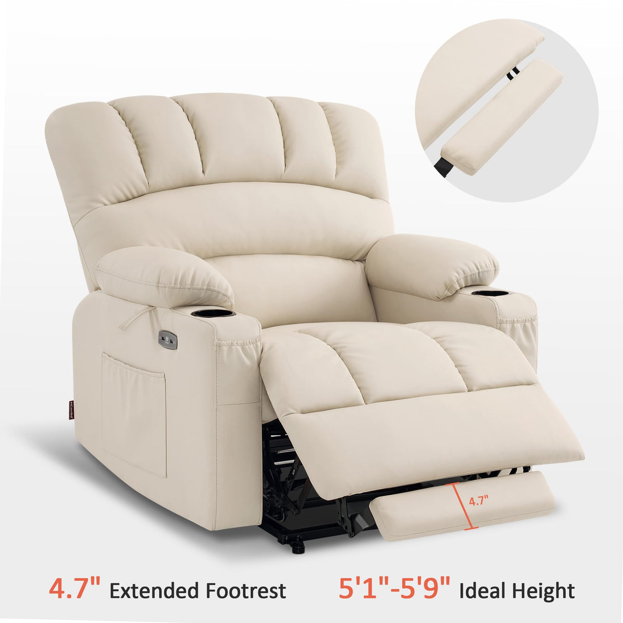 MCombo Power Lift Recliner Chair Sofa with Massage and Heat for Big Elderly People, Cup Holders, USB Ports, Side Pockets, Faux Leather R7096 (Medium-Wide, Cream White) MCombo