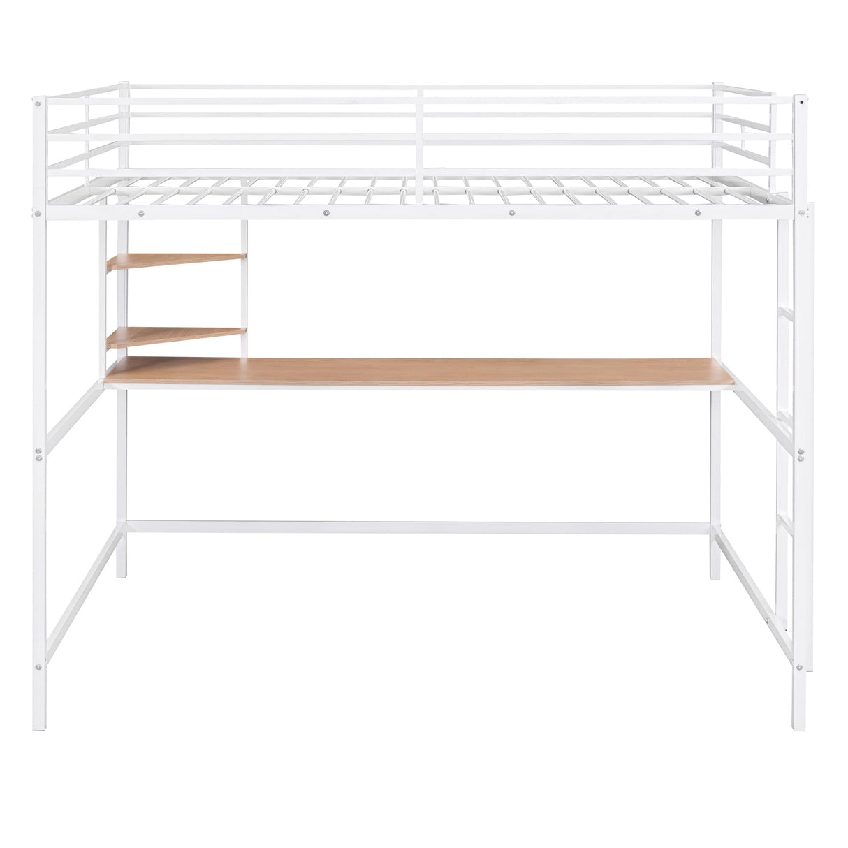 Full Loft Bed with Desk, Metal Loft Bed Frame with Storage Shelves (Full Size, White) Bellemave