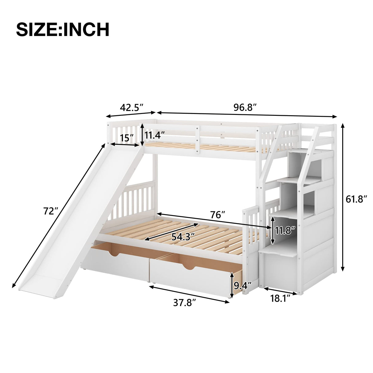 Twin Over Full Bunk Bed with Stairs, Slide & Storage Drawers in White Bellemave