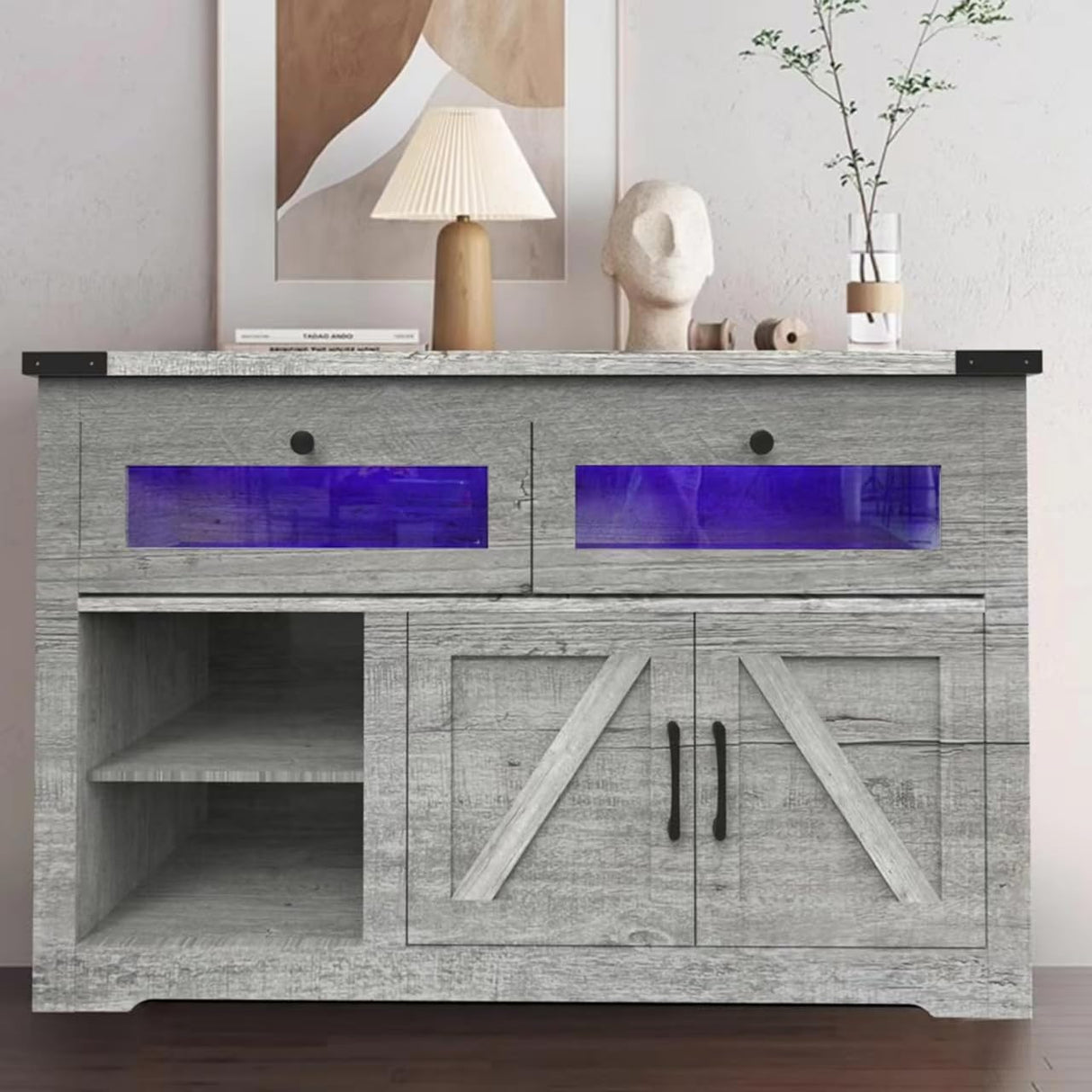 EXQUAL Sideboard Buffet Cabinet with Storage, 47" Kitchen Storage Cabinet with LED Lights, Farmhouse Coffee Bar with 2 Barn Doors for Kitchen Dining Room, Hallway, Living Room EXQUAL