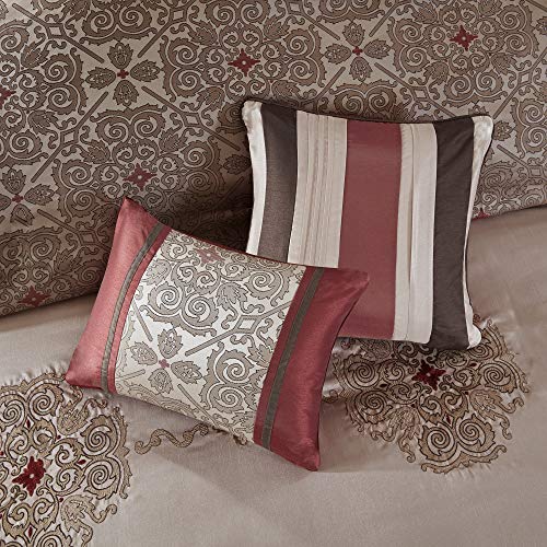 Madison Park Essentials Delaney 24-Piece Room In A Bag Comforter Set-Satin Jacquard, All Season Luxury Bedding, Sheets, decorative pillows and Curtains, Valance, King(104"x92"), Medallion Red Madison Park