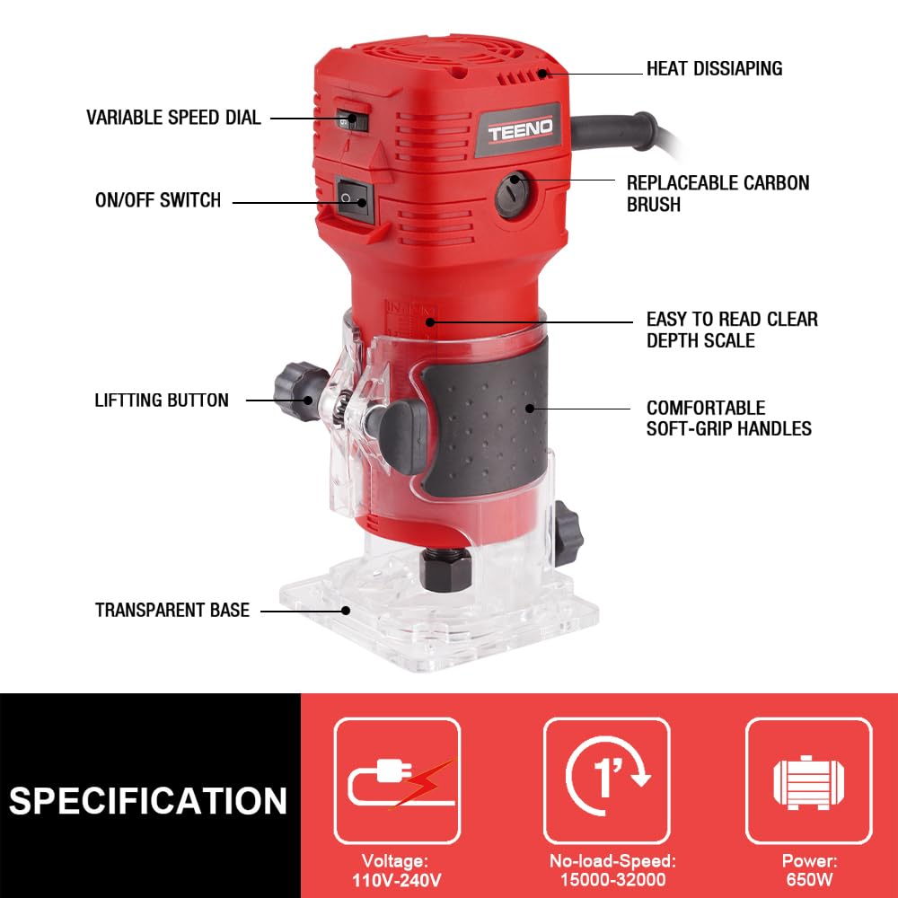 TEENO Wood Router, 650W 110V Compact Router Tools for Woodworking, 32000 RPM Hand Trim Router with 1/4" Router Bits Set, 6 Variable Speeds, Edge Guide, Roller Guide TEENO