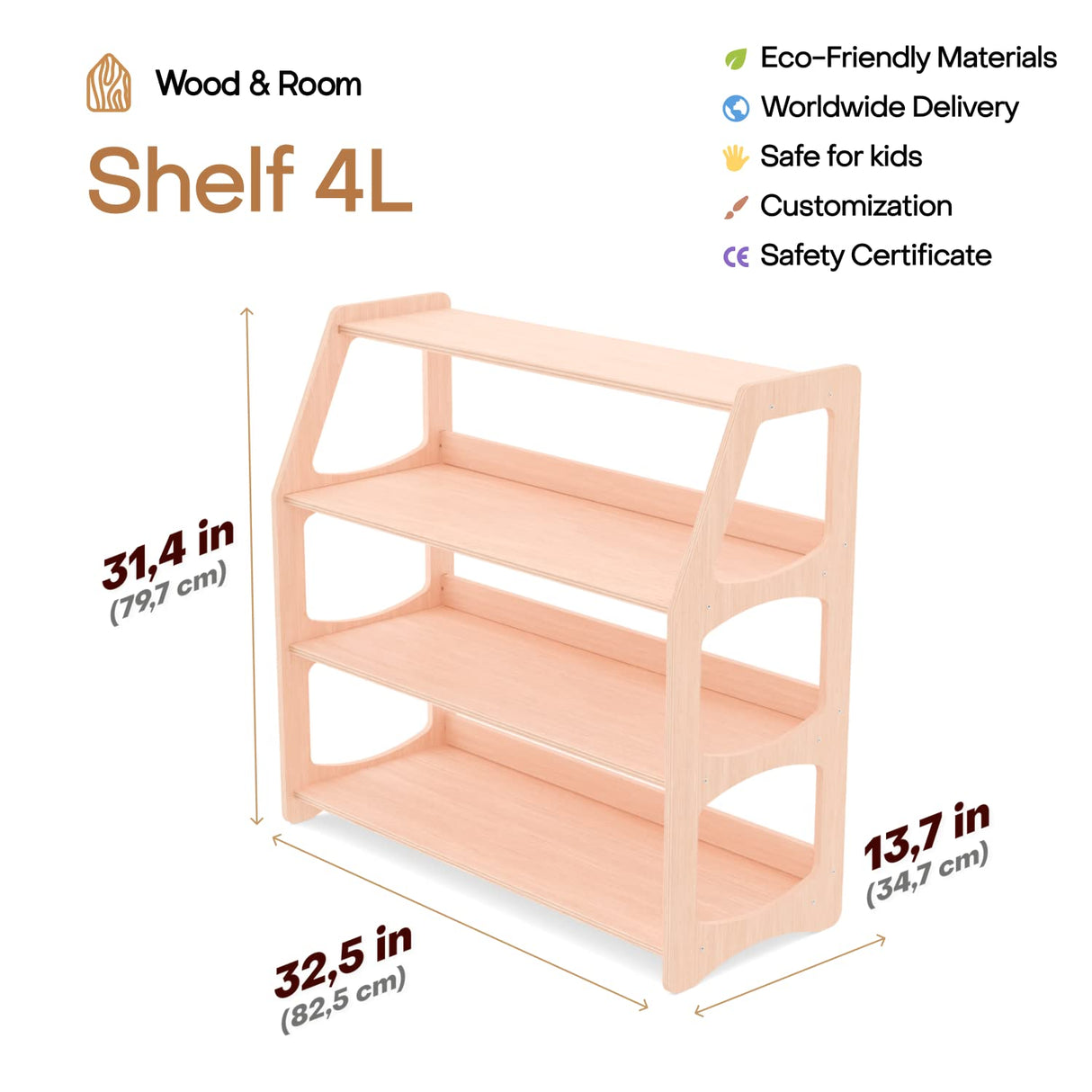WOOD&ROOM Montessori-Inspired Toy and Book Organizer for Kids Room Shelf for Classroom and Home | Promotes Independence and Learning | Sturdy and Safe Bookcase for Toys and Books (Shelf 4L) WOOD&ROOM