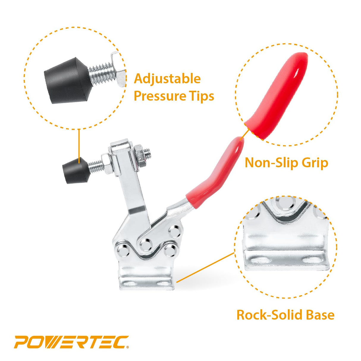 POWERTEC 4PK Toggle Clamp, 500 lbs Holding Capacity, 225D Quick Release Horizontal Clamps w/ Antislip Rubber Pressure Tip for Woodworking Jigs and Fixtures, Welding, Drill Press, Crosscut Sled (20326) POWERTEC