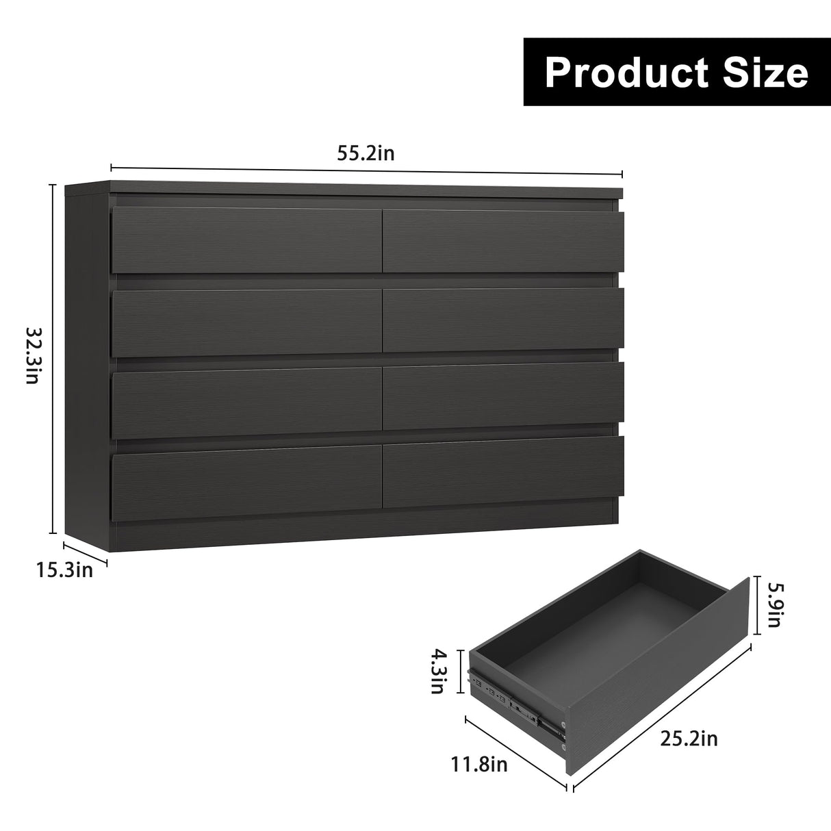 Jocoevol Modern Black 8 Drawer Dresser for Bedroom, 15.3" D x 55.2" W x 32.3" H Simply Chest of Drawers, Wood Storage Dresser with Deep Drawers for Living Room Hallway Entryway, Black Jocoevol