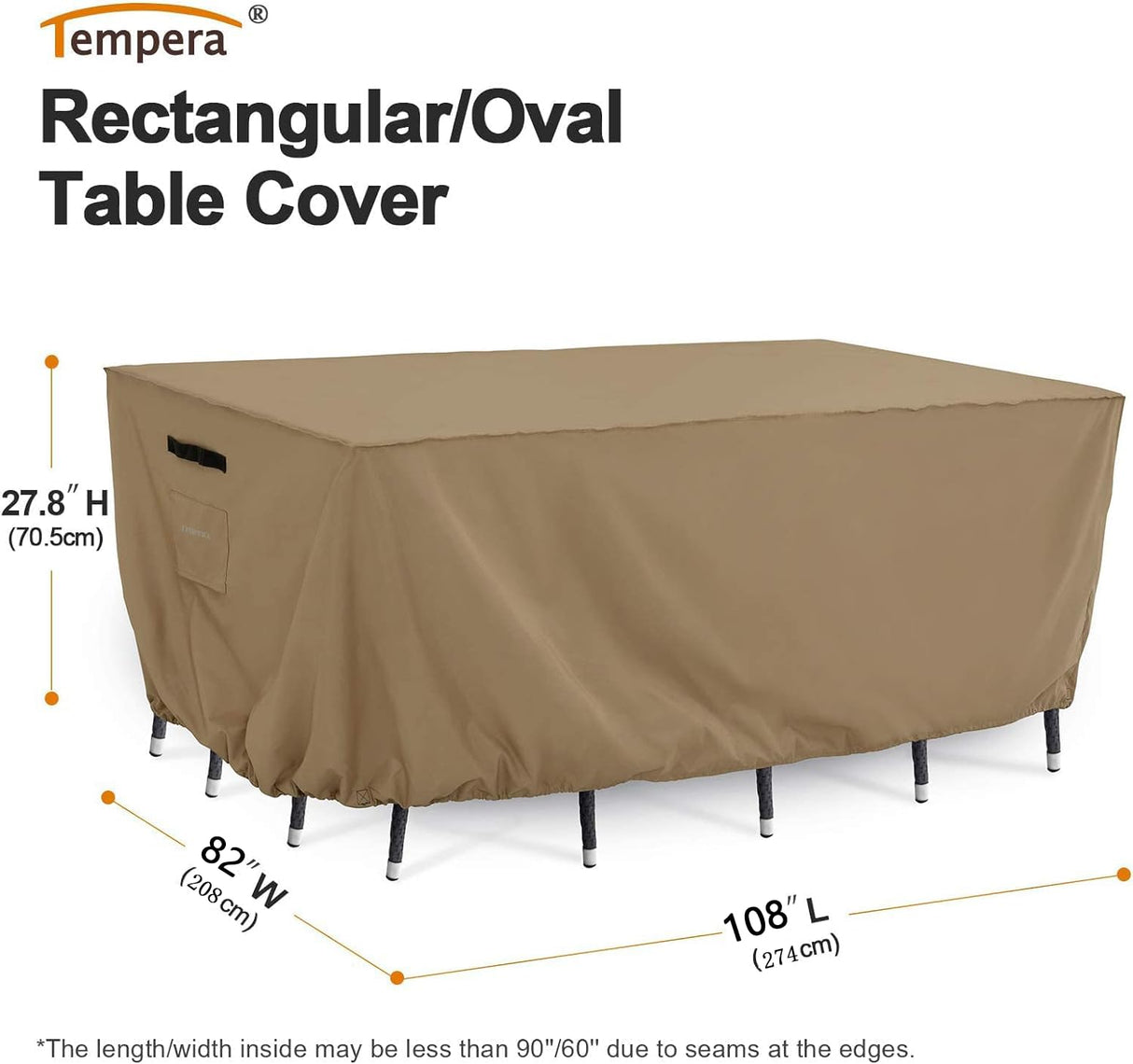 Tempera Retangle Patio Furniture Cover, Outdoor Table Covers Waterproof, Heavy Duty Deck Furniture Covers for Winter, 108''L x 82''W x 27.8''H,Taupe Tempera