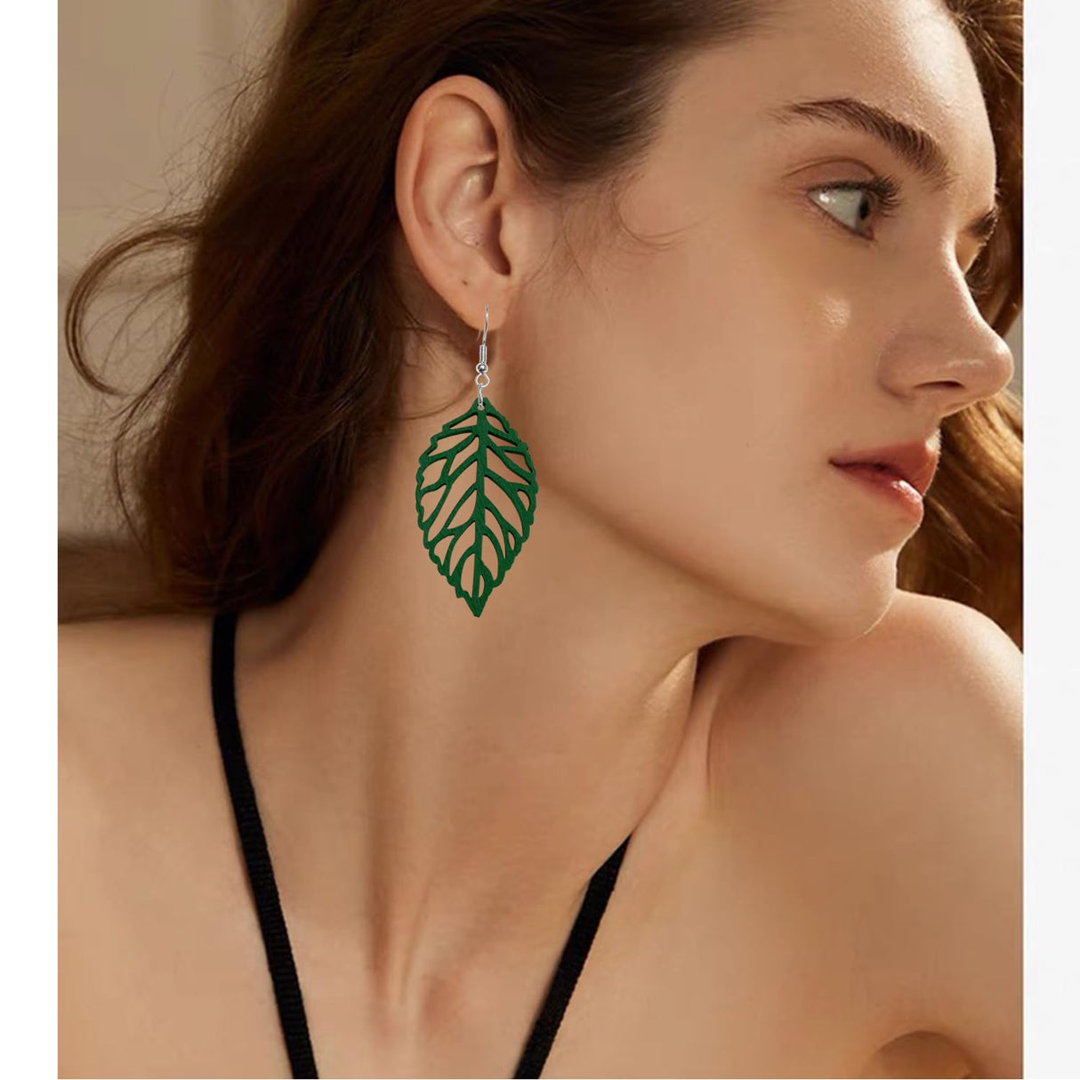 Handmade Bohemian Natural Wooden Leaf Dangle Drop Earrings Lightweight Vintage Hollow Feather Hook Earrings for Women Statement Boho Jewelry Gifts (Dark Green) SLSF