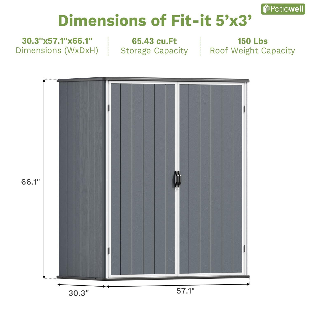 Patiowell 5 x 3 FT Plastic Outdoor Storage Shed, Resin Waterproof Cabinet with Stable Roof and Lockable Doors for Patio Furniture, Pool Accessories and Tools, Dark Grey Patiowell