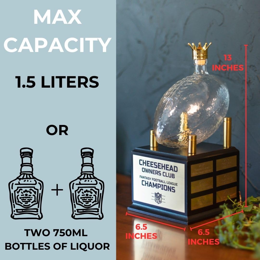 Whiskey Decanter Fantasy Football League Trophy - Customizable FFL Champion Award with Personalized Winner Name Plates - Gold Crown Stopper (Pressed Wood) Alpha Awards